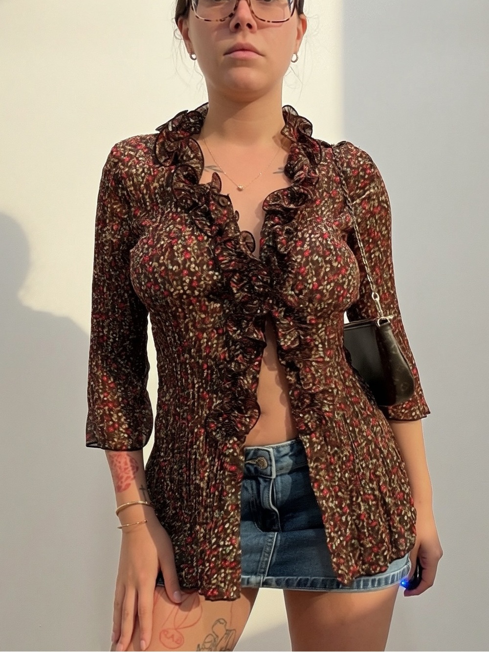 Floral Ruffle-Trim Brown Button Front Top